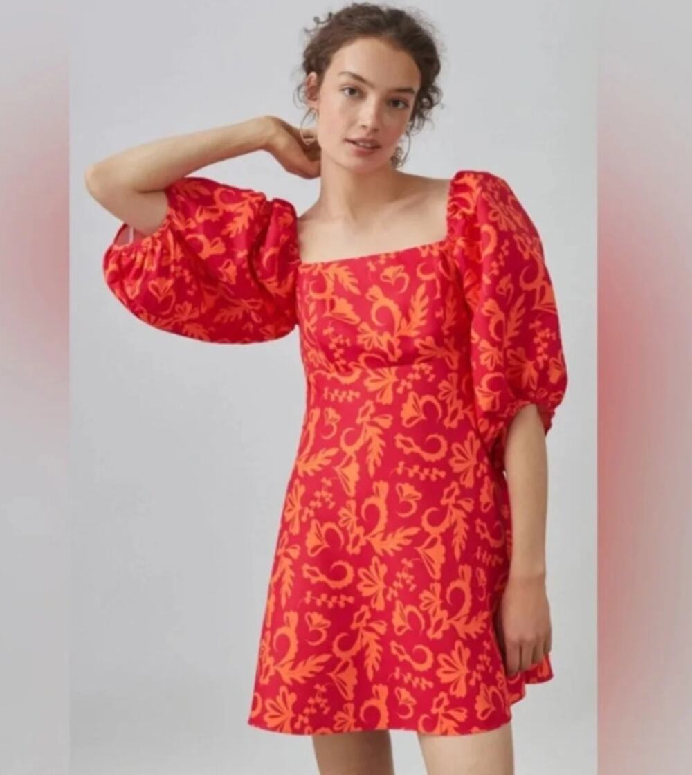 Sachin & Babi x Anthropologie Red Pink Orange Floral Puff Sleeve Mini Dress